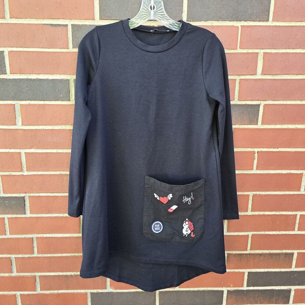 Zara Trafaluc Long Sleeve Small Black Shirt Dress Pocket Embroidery Excellent Co